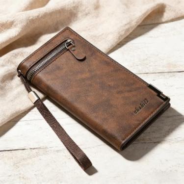 Imagem de Carteira masculina retrô marrom escuro com fivela vertical padrão xadrez camurça fácil de carregar, design retrô marrom escuro vertical com fivela, padrão xadrez de camurça e tamanho compacto fácil de