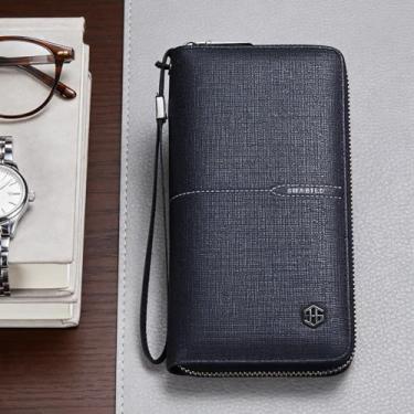 Imagem de Carteira masculina moderna azul com fivela vertical de microfibra de grão fosco, design vertical azul moderno com fivela, microfibra de grão fosco e espaço de grande capacidade