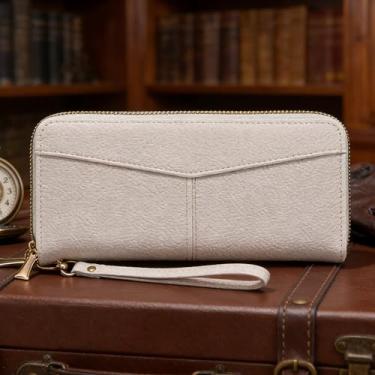 Imagem de Carteira feminina, sofisticada bolsa de couro com zíper duplo longo em couro liquei, design minimalista de grande capacidade com bloqueio RFID e organizador de cartões (branco creme)