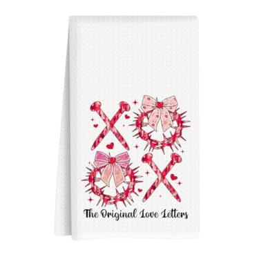 Imagem de Toalhas de cozinha para o dia dos namorados, decorações retrô para o dia dos namorados, presente para ela, namorado, namorada, laço coquete rosa, toalhas de prato XOXO, presentes de casamento de