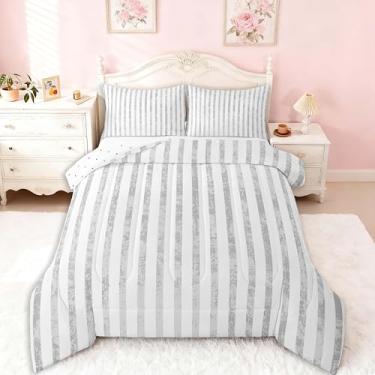 Imagem de Feelyou Conjunto de cama listrado cinza macio para meninos e meninas, moderno, simples, tamanho Queen, edredom geométrico, microfibra, decoração de quarto, 3 peças com 2 fronhas
