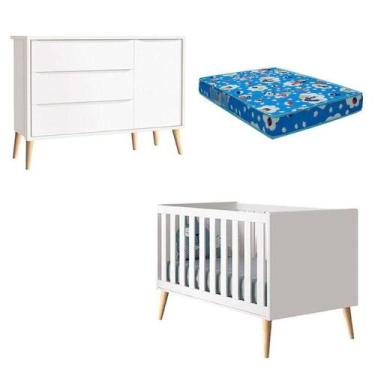 Imagem de Berço Americano E Cômoda Com Porta Infantil Theo Branco Acetinado Pés 