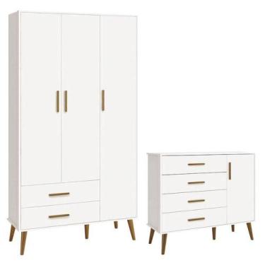 Imagem de Cômoda Com Porta E Guarda Roupa Infantil 3 Portas Isis Branco Acetinad