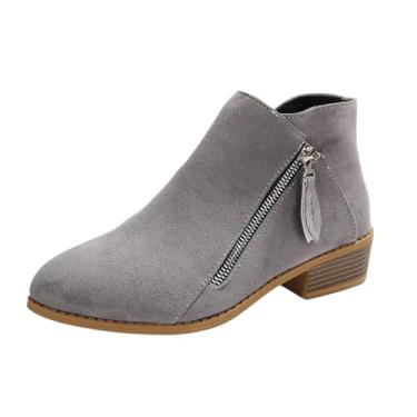 Imagem de Botas femininas de camurça, salto baixo, com zíper lateral, salto grosso, moda casual, estilo legal, Cinza, 38