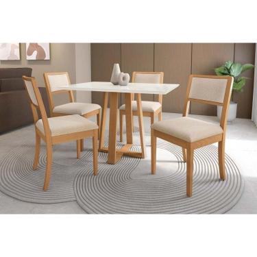 Imagem de Sala Jantar Mesa Elma Premium Madeira Maciça c/ Tampo Madeirado c/ Vidro 120x80cm e 4 Cadeiras Alice Carvalho/Off White - Linho Bege Argila-Kappesberg