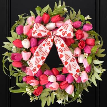 Imagem de Bibelot Guirlanda de Dia dos Namorados, guirlanda de porta dos namorados de 50 cm, guirlanda de dia dos namorados com flores de tulipa vermelha, rosa e branca para decorações de festivais de casamento