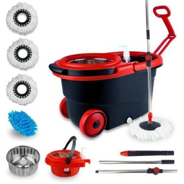 Imagem de Mop Giratório Com Cesto Em Inox Vermelho - Cabo 150cm - Completo - Nyb