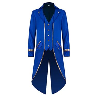 Imagem de Jaqueta vintage steampunk masculina gótica vitoriana VTG fantasia de smoking medieval formal para Halloween, Azul, P