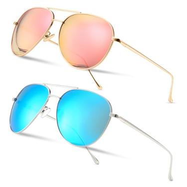 Imagem de SUNGAIT Óculos de sol aviador femininos leves e grandes - lentes polarizadas estilo clássico, Pacote com 2 (Polarizado): Rosa Dourado/Rosa Espelhado + Prata/Azul Espelhado, 144mm x 60mm