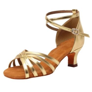Imagem de Tênis feminino de cinco peças para adultos, dança latina, salto médio, sola macia, para primavera, verão, texturizado, algodão e poliéster, Dourado, 34