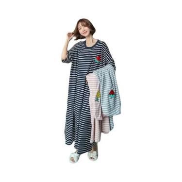 Imagem de Vestido De Pijama Listrado plus Size Com Estampa De Desenho Animado Fe