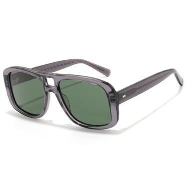 Imagem de Jolafull JS2505 Óculos de sol masculino retangular aviador polarizado acetato ponte dupla, Lente cinza transparente/polarizada verde-escuro, 54-17-145