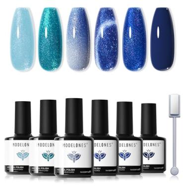 Imagem de modelones Conjunto de esmalte de gel azul, 6 cores, olho de gato, glitter, camaleão, kit de esmalte de gel camaleão com ímã, adesivos de neve de imersão de LED, arte de unha, manicure, presentes de
