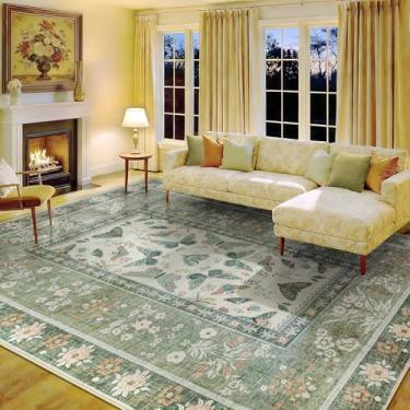 Imagem de Tapete de 22 x 30 cm para sala de estar: tapetes florais de borboleta boho vintage lavável, macio, antiderrapante, tapete grande para quarto, sala de jantar, escritório, sala de jogos, berçário (verde