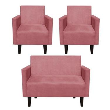 Imagem de Kit Sofá Retrô Namoradeira e 02 Poltronas Compactas Jade Suede Rose - 