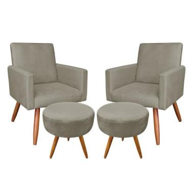 Imagem de Kit 02 Poltronas com 02 Puffs Larissa Suede Pés Palito Castanho D'Ross