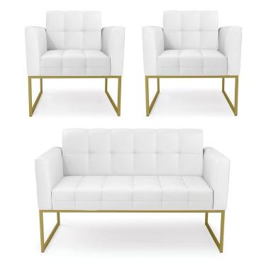 Imagem de Kit 1 Sofá Namoradeira E 2 Poltronas Elisa Corino Branco Base Metálica Industrial Dourado - D'rossi