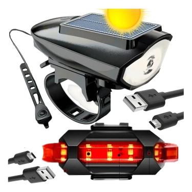 Imagem de Lanterna Farol Solar Bike Buzina Led Traseiro Ciclista Preto