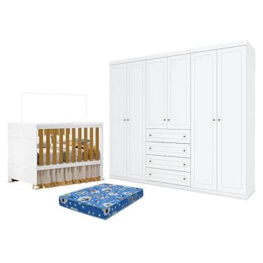 Imagem de Berço Americano Katatau Branco Acetinado Savana - Reller e Guarda Roupa Casal Americano 6 Portas Branco HP e Colchão Ortobom - Henn