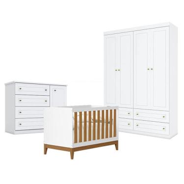 Imagem de Quarto de Bebê Americano 4 Portas com Berço Americano Flip Branco Acetinado Savana Reller - Henn