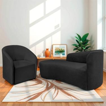 Imagem de Kit Sofá Curvo França 160cm L.e E Poltrona Luiza Max Conforto, Elegância E Design Moderno Linho Preto
