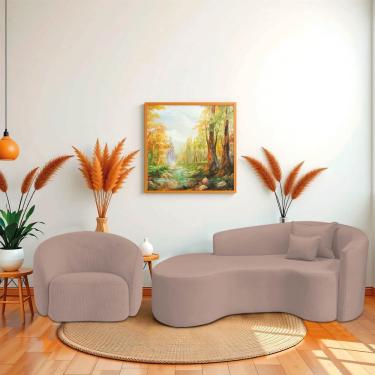 Imagem de Kit Recamier Curvo Sala De Estar Inglaterra 200cm Lado Esquerdo Poltrona Orgânica Luxo Amore Linho Rosê