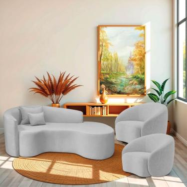 Imagem de Kit Recamier Curvo Sala De Estar Inglaterra 180cm Lado Direito E 2 Poltronas Orgânica Luxo Amore Linho Cinza Claro