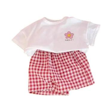 Imagem de Conjunto De 2 Peças Xadrez Floral Para Bebês Meninas, Camiseta De Mang