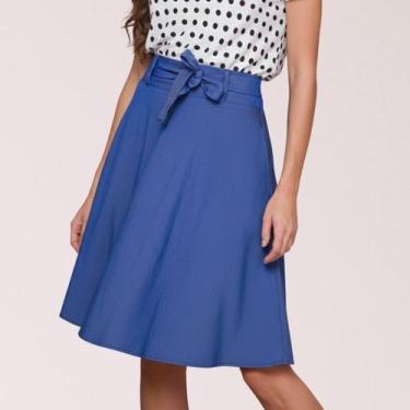 Imagem de Saia Midi Rodada Azul Jeans Evasê Com Cinto Moda Evangélica Cor:Azul J