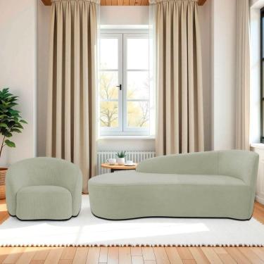 Imagem de Kit Divã Recamier Orgânico França 140cm Lado Esquerdo E Poltrona Amore Bouclé Verde Oliva