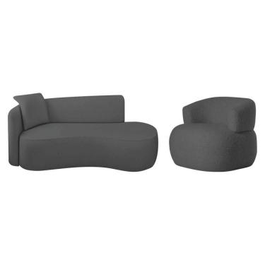 Imagem de Kit Divã Recamier 150cm E Poltrona Luxo Suíça Lado Direito Linho Cinza Escuro