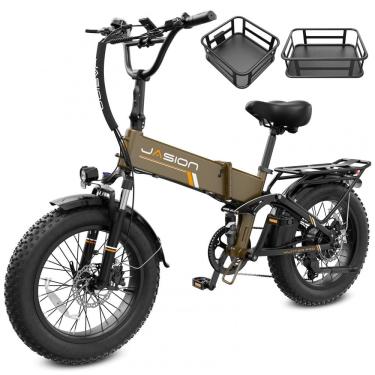 Imagem de Bicicleta elétrica dobrável Jasion Hunter Pro marrom deserto pneu grosso 20" motor 1000W pico 1800W bateria 48V 15Ah até 128 km 110V