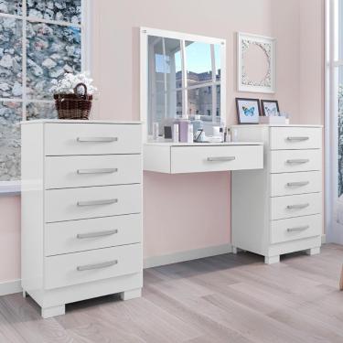 Imagem de Conjunto Cômoda e Penteadeira Pétala 5 Gavetas com Espelho em MDF Branco para Quarto