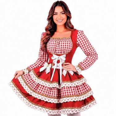 Imagem de Vestido Festa Junina Adulto Feminino Xadrez Manga Longa de Luxo Ajustá