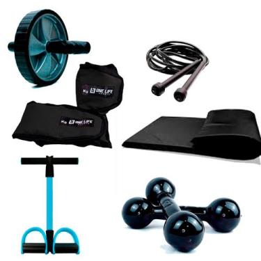 Imagem de Kit Caneleira 3kg Halter 1kg Colchonete Roda Abdominal Extensor Corda 