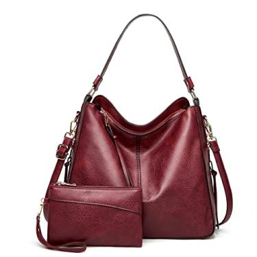 Imagem de JXGSGOGO Bolsas de Ombro Hobo Femininas Bolsa de Ombro Grande Macio Couro PU, Vermelho escuro (2 peças), One_Size, Clássico