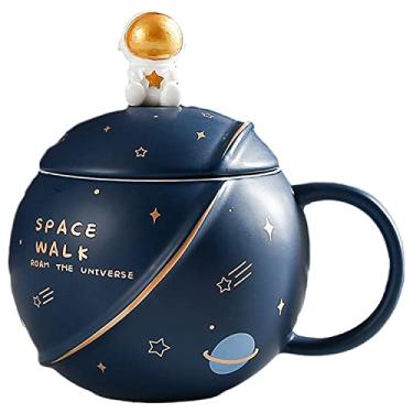 Imagem de seelucky Caneca de balão de ar quente com tampa colher criança caneca de leite de desenho animado caneca 3D xícara de café de cerâmica xícara de chá presente de aniversário escritório casa (caminhada espacial azul escuro, 400 ml)