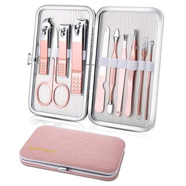 Imagem de Conjunto de manicure, mini cortador de unhas de viagem, ferramentas de cuidados com pedicure, 10 peças de kit de cuidados com aço inoxidável (rosa)