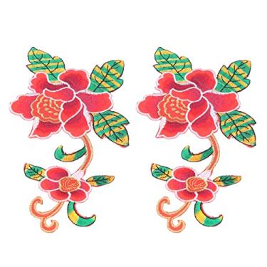 Imagem de 2 peças de remendos de costura à mão, faça você mesmo, material de algodão, padrão de flores, bordado para decoração de livros de sucata (vermelho)