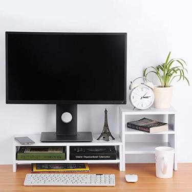 Imagem de Suporte de monitor para monitor, suporte de madeira para monitor de computador, suporte para impressora de mesa, laptop, TV com prateleira de armazenamento de 3 camadas e espaço de armazenamento para teclado para escritório em casa, escola, branco
