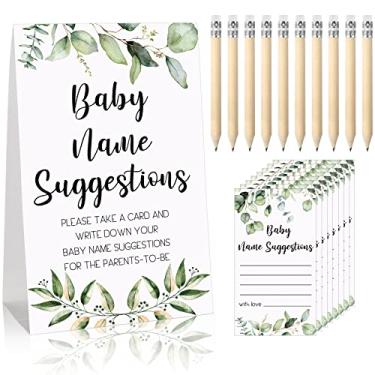 Imagem de 61 Pieces Baby Shower Games Include Greenery Baby Name Suggestion Sign and 50 Baby Shower Name Suggestion Cards with 10 Pencils for Baby Shower Party Decor