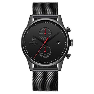 Imagem de CHEETAH Relógio masculino de aço inoxidável 3ATM à prova d'água, cronógrafo, data automática, analógico, quartzo, moderno, negócios, preto, relógio de pulso para homens, Preto, vermelho
