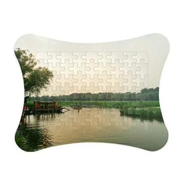 Imagem de Moldura de quebra-cabeça Fotografia Vista do Lago Pôr do Sol Jogo de Cartas de Papel Casa