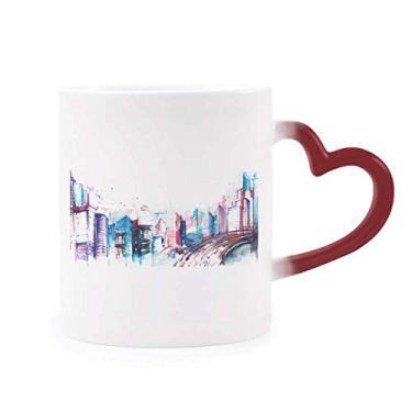 Imagem de Caneca moderna arranha-céus aquarela sensível ao calor Mudança de cor vermelha