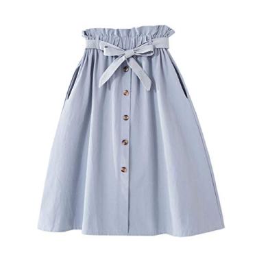 Imagem de Saia feminina de cintura alta WSLCN, elegante, casual, vintage, plissada, com botões, saia midi com bolsos para cinto, Light Blue, Waist 23.6"-38.6"