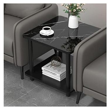 Imagem de Mesa lateral quadrada de 49,6 cm, mesa de cabeceira com prateleira de armazenamento de 2 camadas, mesas de bistrô internas e externas, mesa de centro para espaços pequenos mesa de centro para sala de estar (cor: top de rocha preta)
