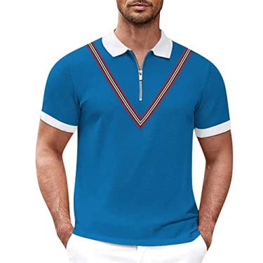 Imagem de Camisas de elastano para homem verão casual tecido listrado camiseta botão gola virada para baixo manga curta solo, Azul, G