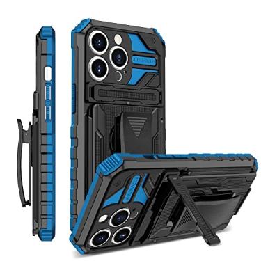 Imagem de YOUULAR Capa compatível com iPhone 12 PC rígido + TPU macio + suporte + clipe dorsal à prova de choque capa protetora antiqueda para iPhone 12 6.1 capas militares suporte oculto azul