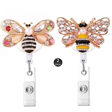 Imagem de ZOEAST(TM) Carretel retrátil com 2 peças de desenho fofo de strass amarelo vermelho abelha, suporte para enfermeiros de escritório, trabalho e identificação de nome com clipe traseiro de metal, extensão de cabo de 71 cm (pacote com 2 abelhas)