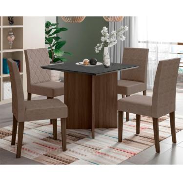 Imagem de Conjunto de Mesa de Jantar Quadrada com Tampo de Vidro Preto Helo e 4 Cadeiras Jade Suede Cappuccino